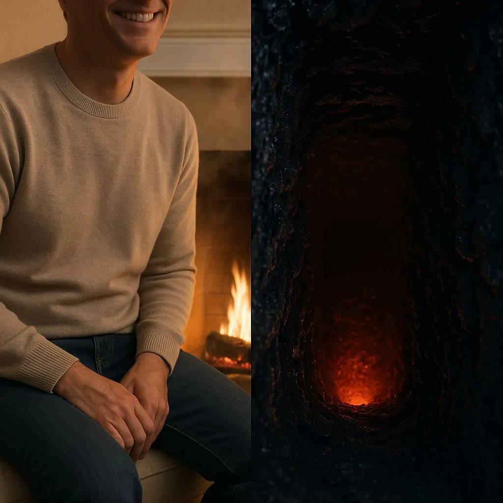 Chimney cleaning myths in Alexandria VA illustrated with a split view of a homeowner enjoying a fireplace and a dangerously dirty flue interior filled with creosote.
