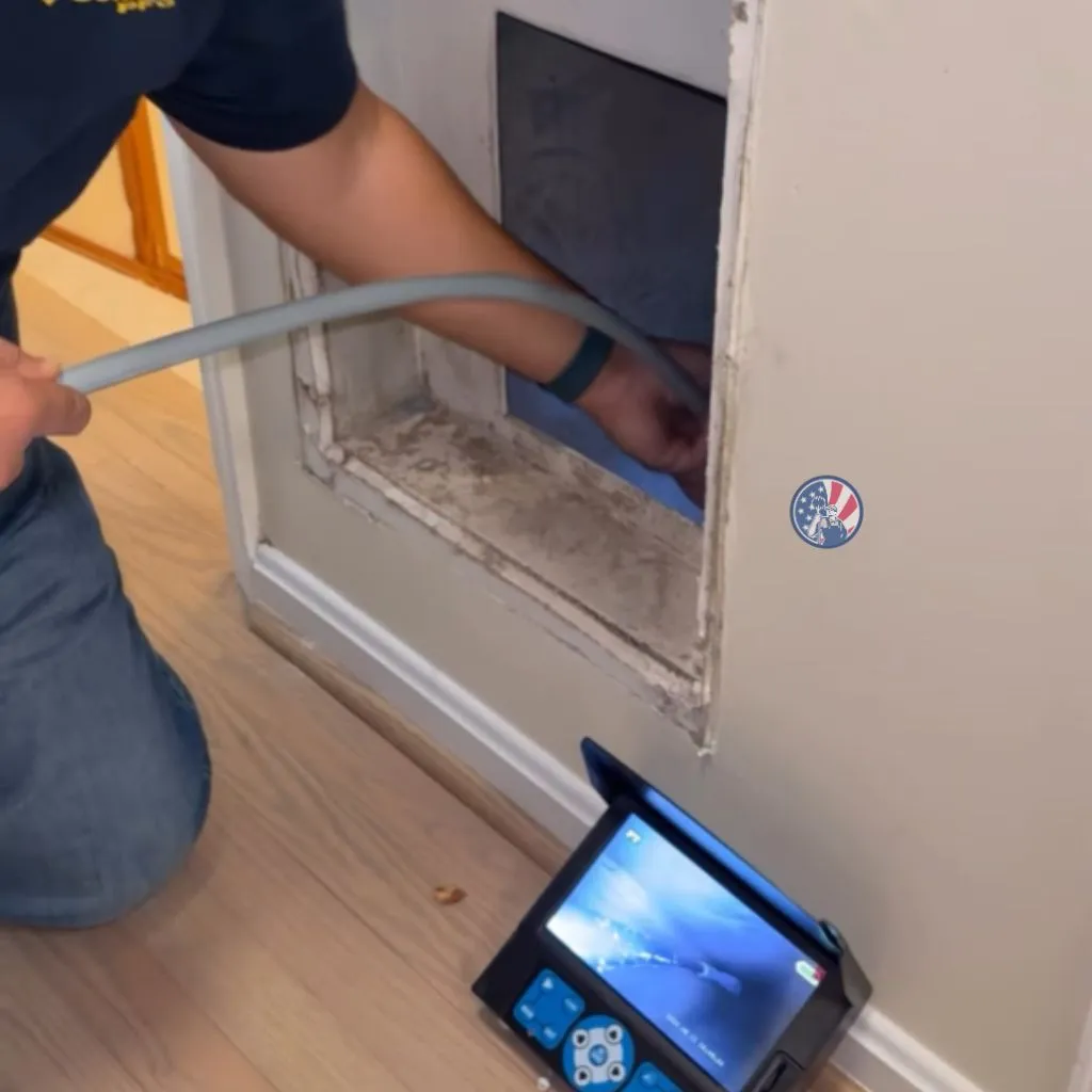 Close-up of Air Duct Vet technician using inspection camera and cleaning hose — essential tools for dryer vent cleaning in Alexandria VA.