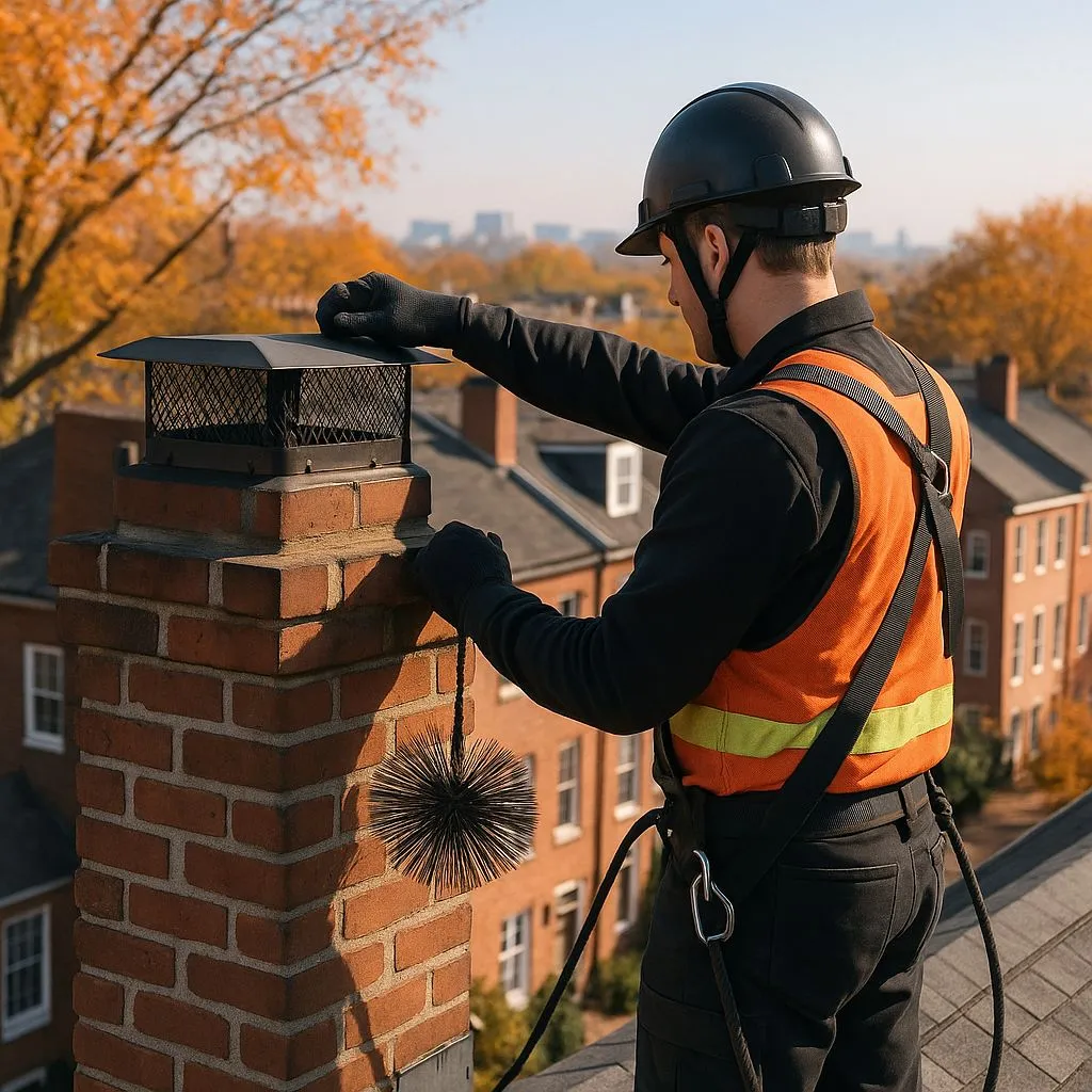 How often chimney sweep in Alexandria VA – technician inspecting and cleaning a brick chimney cap in fall season.