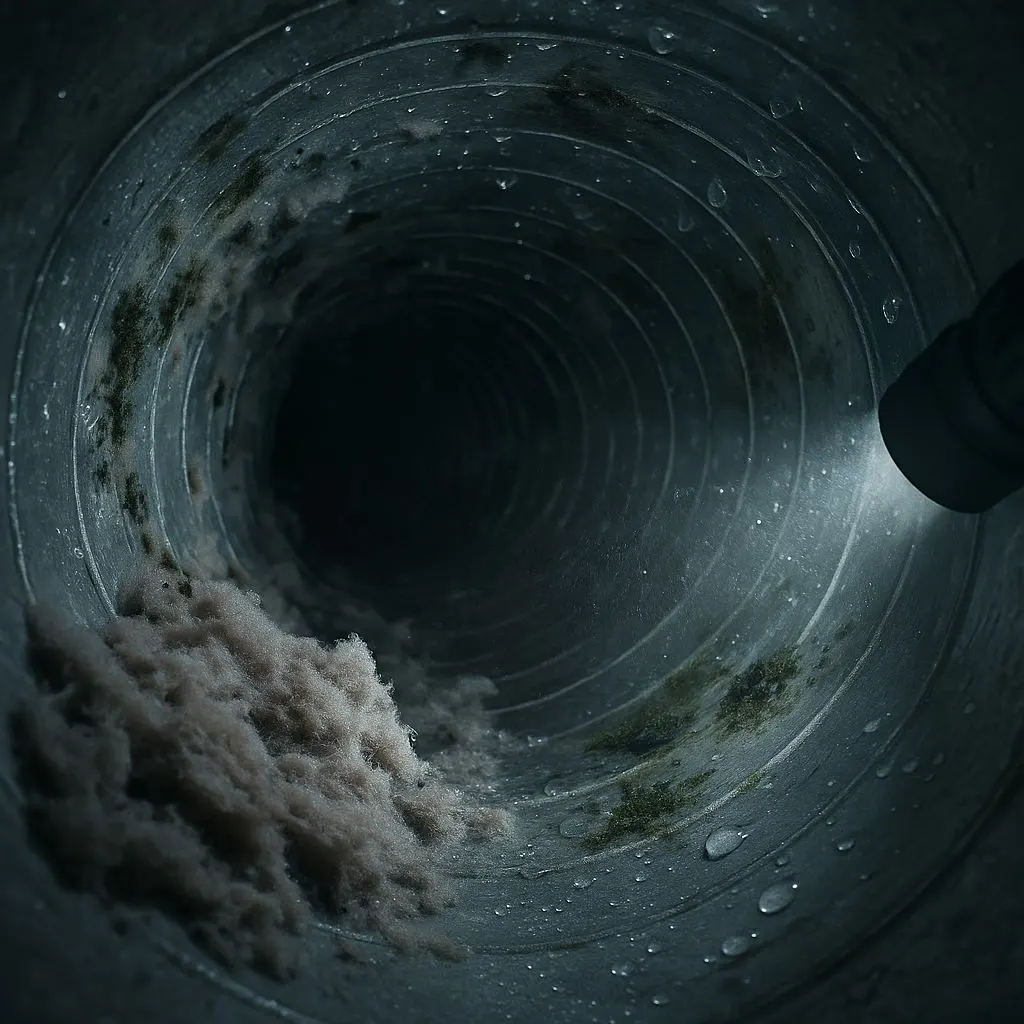 Flashlight reveals lint and moisture buildup inside a dryer vent—showing a hidden factor behind dryer vent cleaning cost in Alexandria VA.