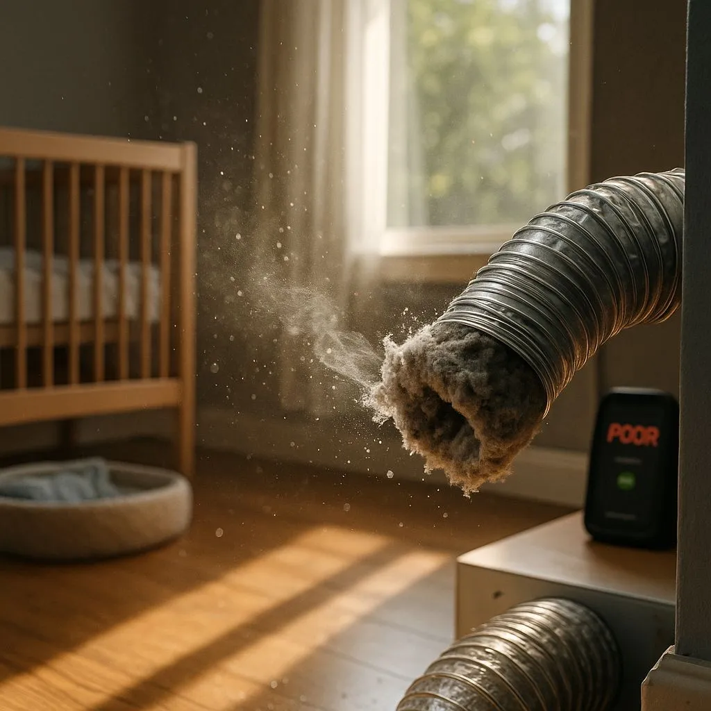 Clogged dryer vent releasing lint into a nursery with poor air quality reading—proves why dryer vent cleaning myths in Alexandria VA are harmful.