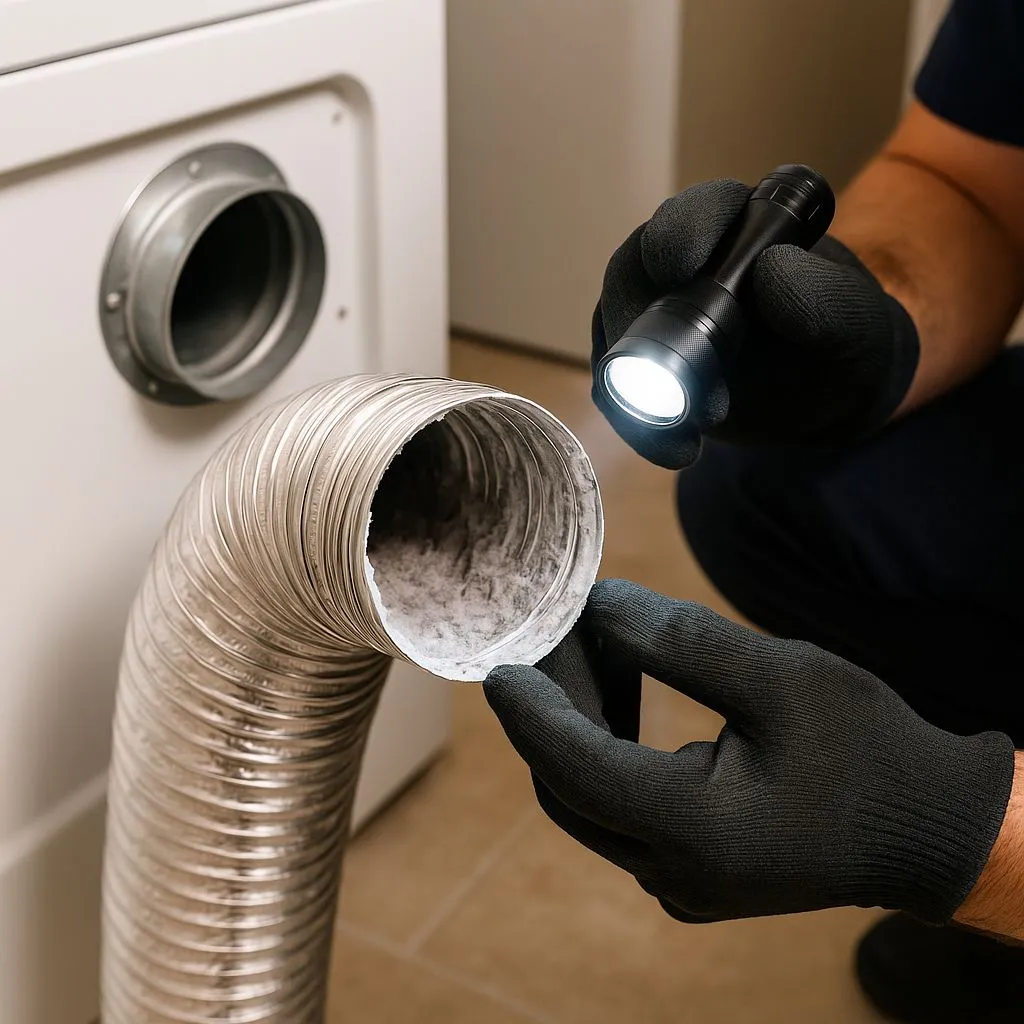 Technician inspecting lint inside a dryer vent hose—demonstrating one of the 5 must-know dryer vent safety tips in Alexandria VA.