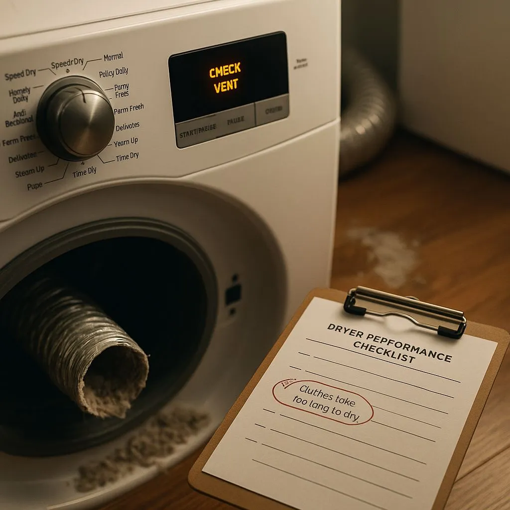 Dryer flashing “Check Vent” with a clogged hose and checklist showing slow drying—revealing why fall is the best time dryer vent cleaning in Alexandria VA.