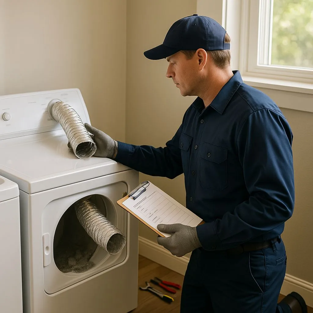 Technician inspecting flexible vent hose during dryer service—showcasing trusted dryer vent cleaning in Alexandria VA done right.