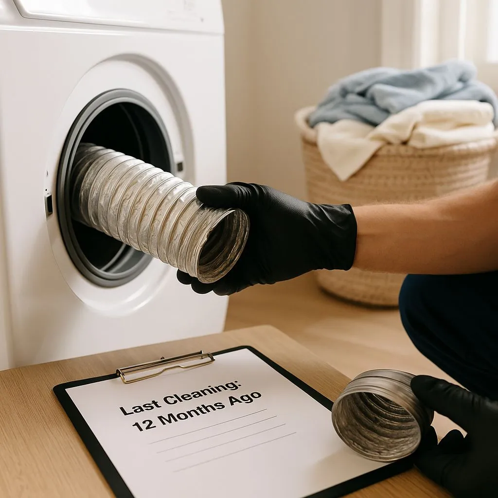 Technician holding a dryer vent hose with a clipboard showing “Last Cleaning: 12 Months Ago,” demonstrating how often dryer vent cleaning in Alexandria VA is recommended.