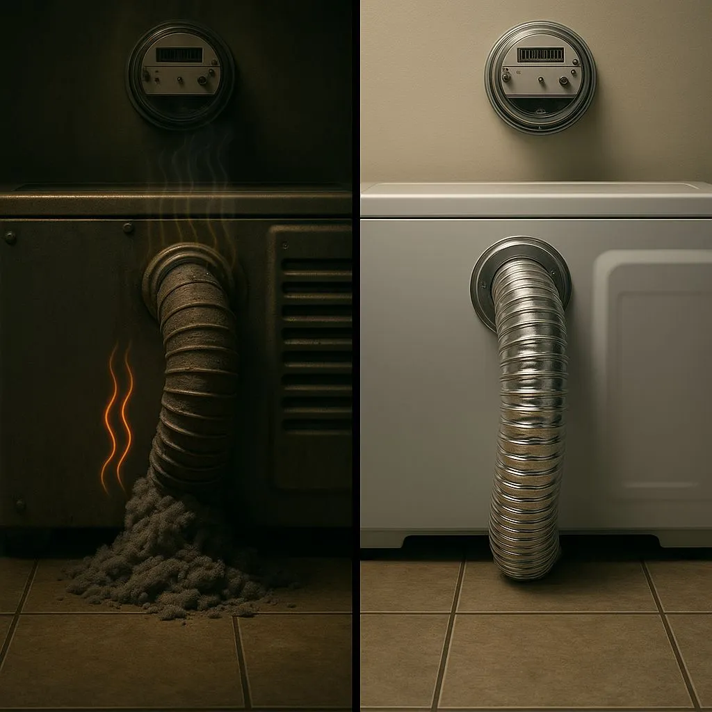 Before and after comparison showing a clogged lint-filled dryer vent versus a clean vent, proving why dryer vent cleaning is necessary in Alexandria VA for safety and efficiency.