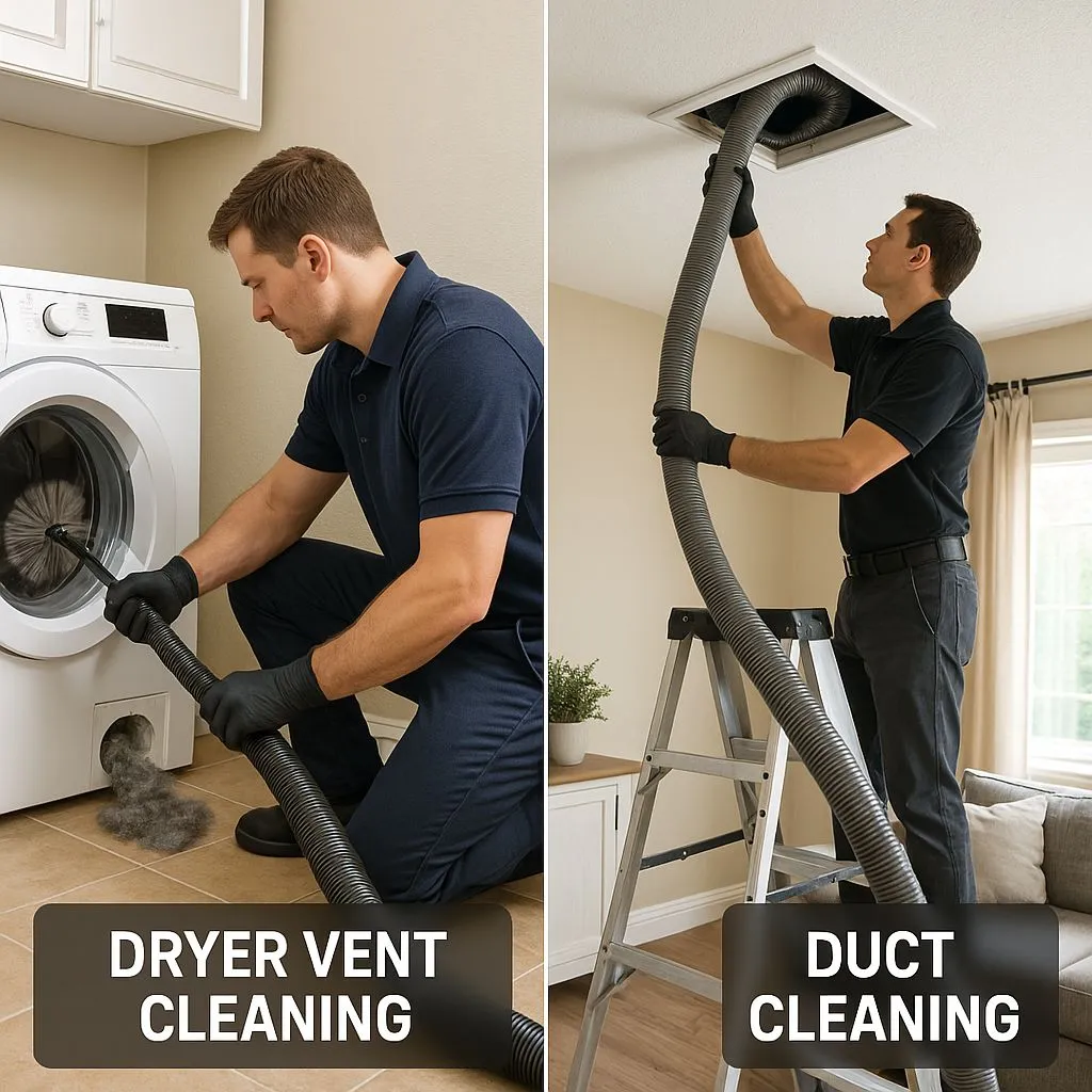 Dryer Vent vs Duct Cleaning in Alexandria VA comparison showing a technician cleaning a dryer vent with a rotary brush and another cleaning an air duct with a vacuum hose.