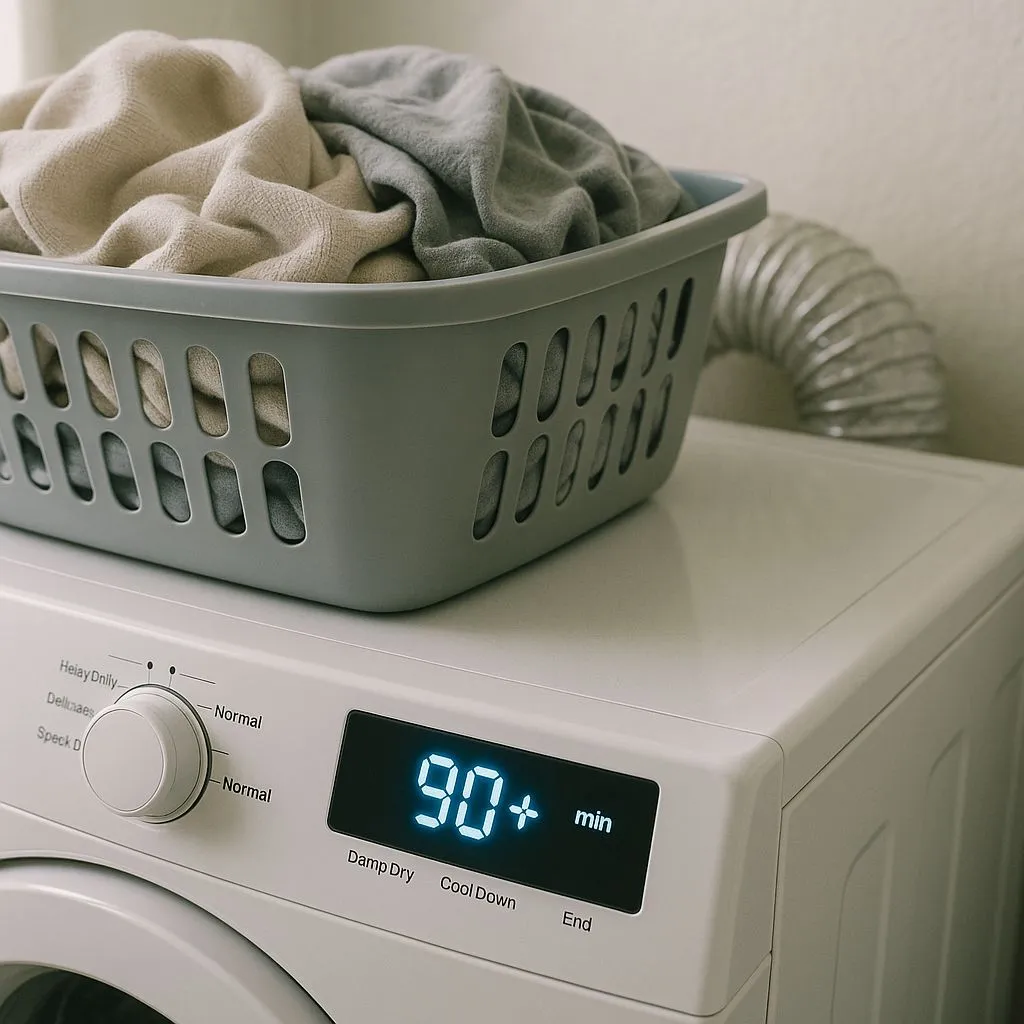 Dryer Vent Cleaning Red Flags in Alexandria VA showing laundry basket on top of dryer with cycle stuck at 90+ minutes.