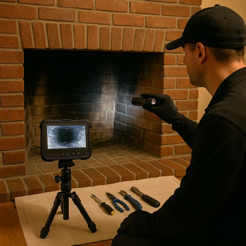 Chimney sweep process in Alexandria VA showing a certified technician on the roof with safety harness, chimney rods, and vacuum equipment.