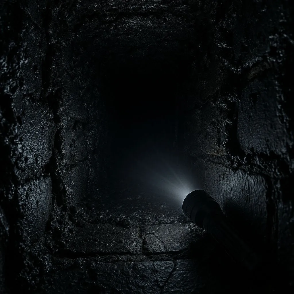 Chimney cleaning myths in Alexandria VA illustrated by a dark, creosote-coated chimney interior exposed by a flashlight beam.