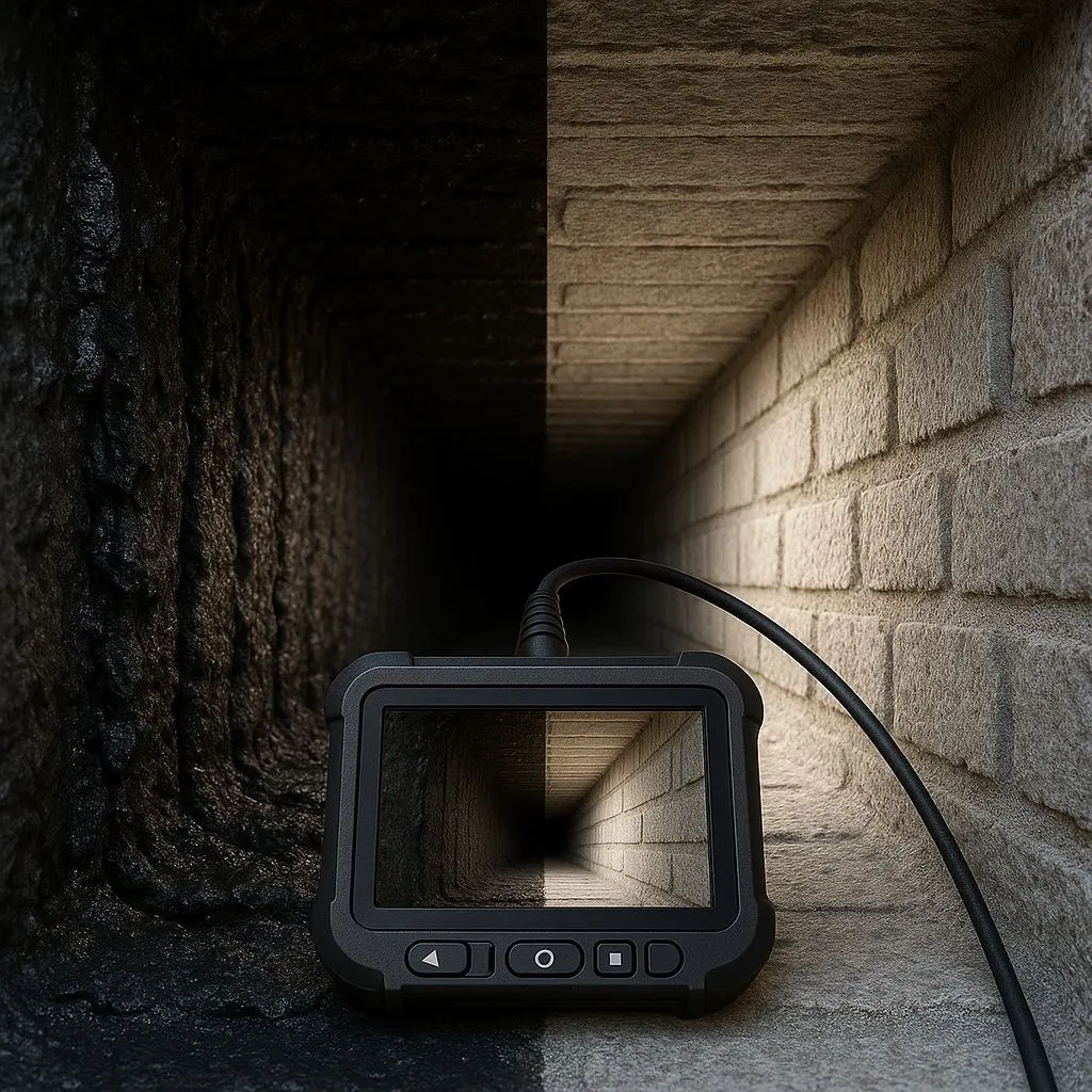 How often chimney sweep in Alexandria VA – inspection camera showing chimney interior with half-clean and half-creosote buildup.
