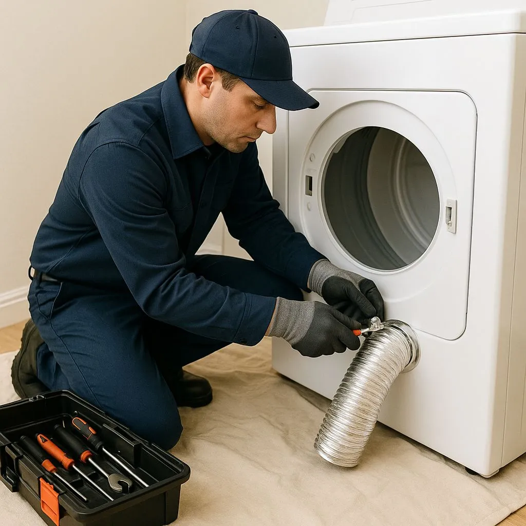 Technician disconnecting dryer vent hose with tools—step one in the dryer vent cleaning process in Alexandria VA.