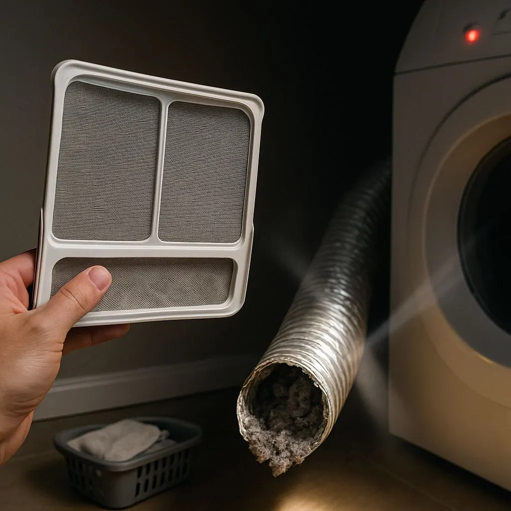 Holding a clean lint trap next to a clogged dryer hose—disproving one of the biggest dryer vent cleaning myths in Alexandria VA.