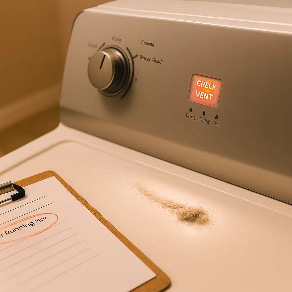 Dryer control panel flashing a “Check Vent” warning next to lint and inspection clipboard—highlighting one of the 5 must-know dryer vent safety tips in Alexandria VA.