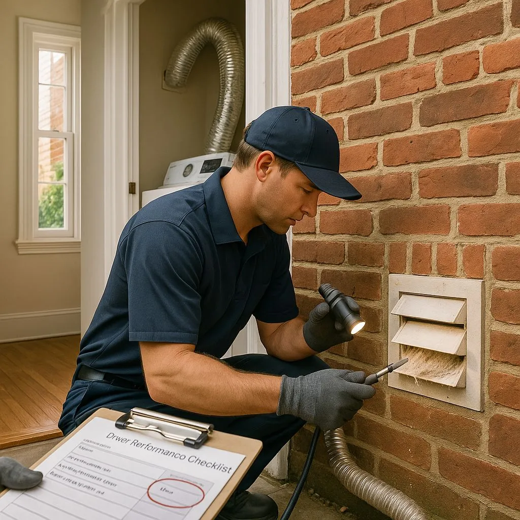 Technician inspecting exterior dryer vent with flashlight and tools—demonstrating trusted dryer vent cleaning in Alexandria VA from inside out.