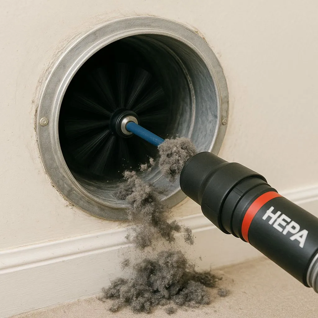 Rotary brush and HEPA vacuum removing lint from inside a wall vent—critical step in the dryer vent cleaning process in Alexandria VA.