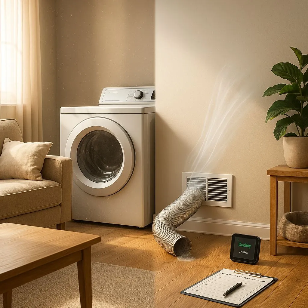 Before-and-after scene showing the benefits of dryer vent cleaning in Alexandria VA, with clean air flowing from a cleared vent and dust floating in the uncleaned side.