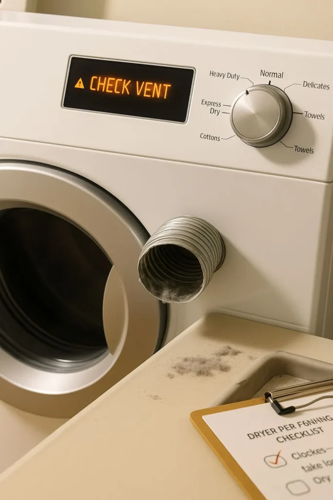 Dryer displaying a “Check Vent” warning with lint visible in the hose, emphasizing the importance of knowing how often dryer vent cleaning in Alexandria VA should be scheduled.