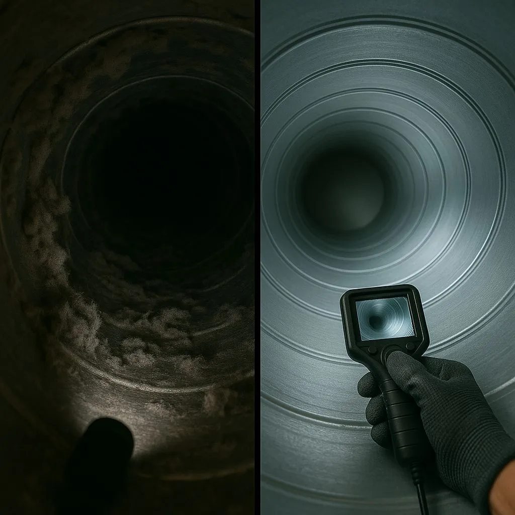 Before and after dryer vent inspection showing heavy lint buildup versus a clean, clear vent, highlighting why dryer vent cleaning is necessary in Alexandria VA for safety and efficiency.