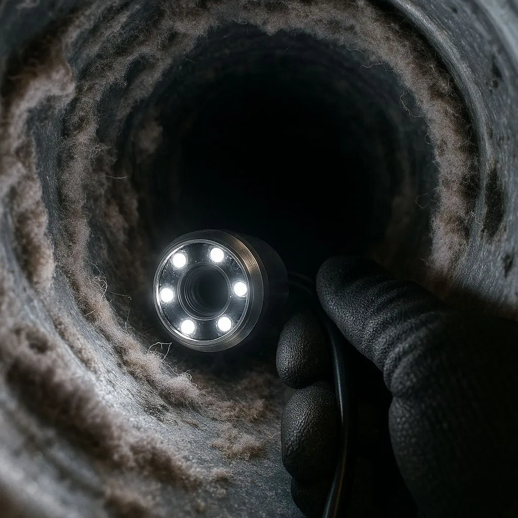 Case study dryer vent cleaning in Alexandria VA showing a close-up of a professional inspection camera inside a lint-clogged vent, highlighting heavy buildup before cleaning.