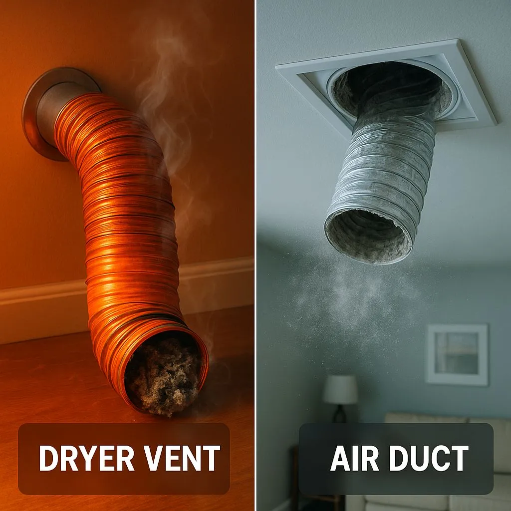 Dryer Vent vs Duct Cleaning in Alexandria VA showing a clogged dryer vent with lint and heat risk beside an air duct releasing dust into a living space.