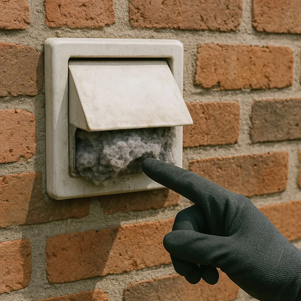 Dryer Vent Cleaning Red Flags in Alexandria VA – close-up of clogged exterior vent cap with lint blockage.