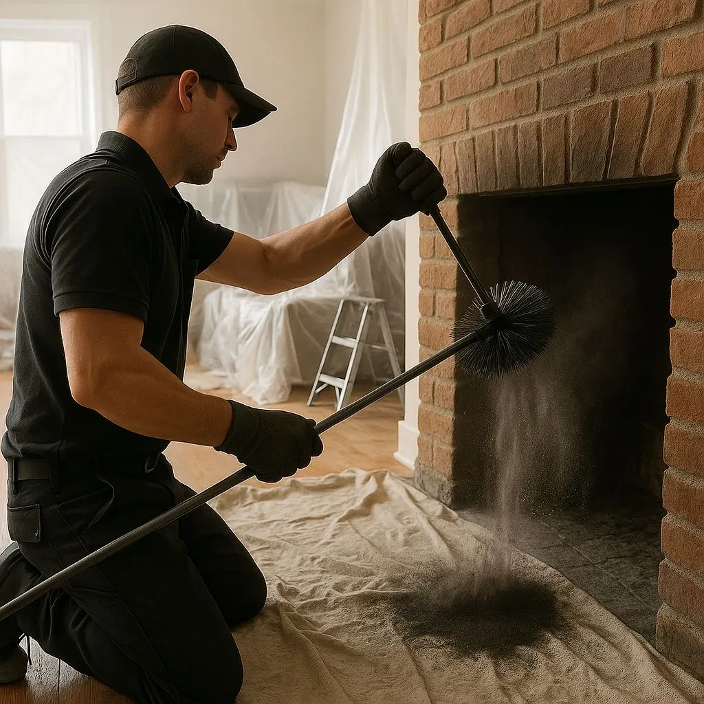 Chimney sweep in Alexandria VA cleaning soot from a fireplace with a professional chimney brush.