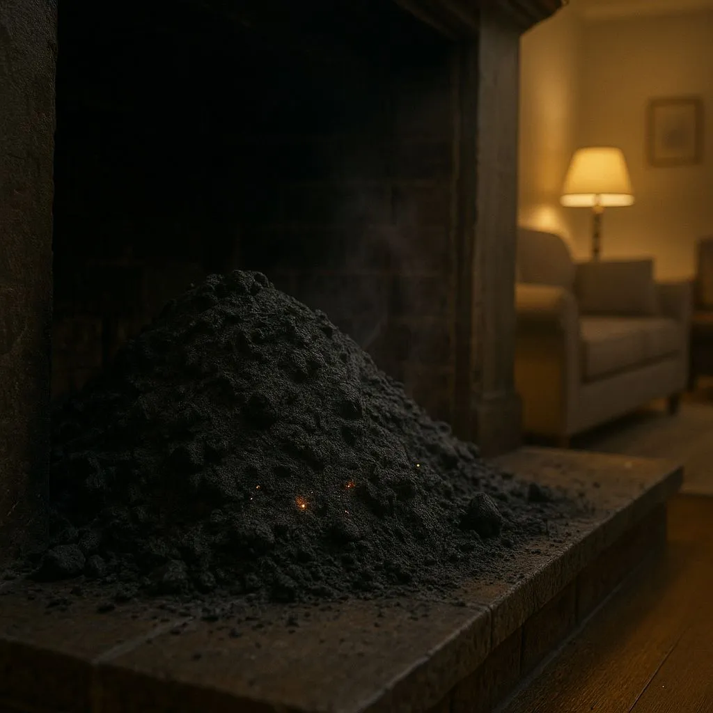Chimney cleaning myths in Alexandria VA illustrated by dangerous soot and ash buildup inside a fireplace, showing lingering embers and fire risks.
