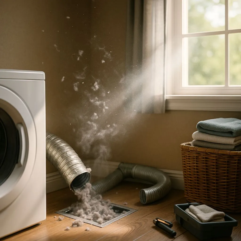 Dryer vent hose releasing heavy lint into the air—visual reminder of what affects dryer vent cleaning cost in Alexandria VA for homeowners.