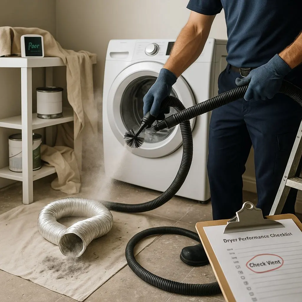 Technician using brush vacuum tool to clean a dryer vent hose with checklist marked “Check Vent”—capturing the best time dryer vent cleaning in Alexandria VA.