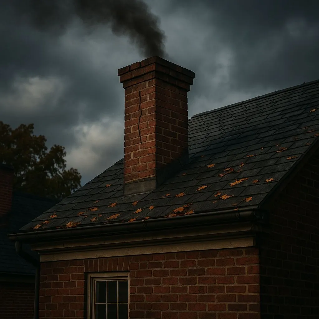 Chimney fire hazards in Alexandria VA shown with a cracked brick chimney releasing dark smoke, highlighting structural risks and potential fire dangers.