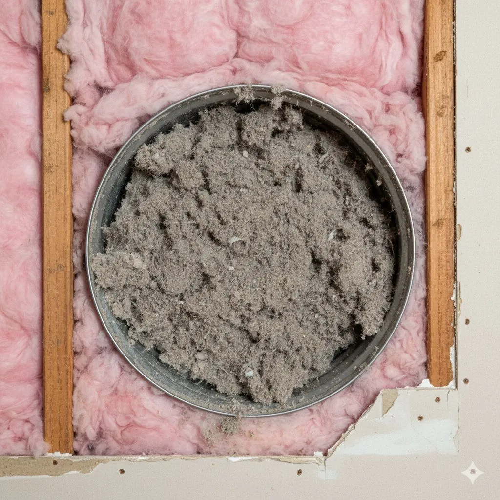 hidden dryer vent fire hazard in Alexandria showing clogged vent packed with lint inside wall insulation