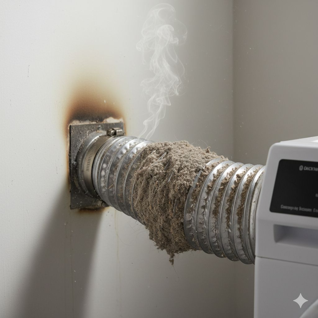 Dryer Vent Fire Hazard Warnings in Alexandria showing lint buildup and smoke from clogged vent connection behind dryer