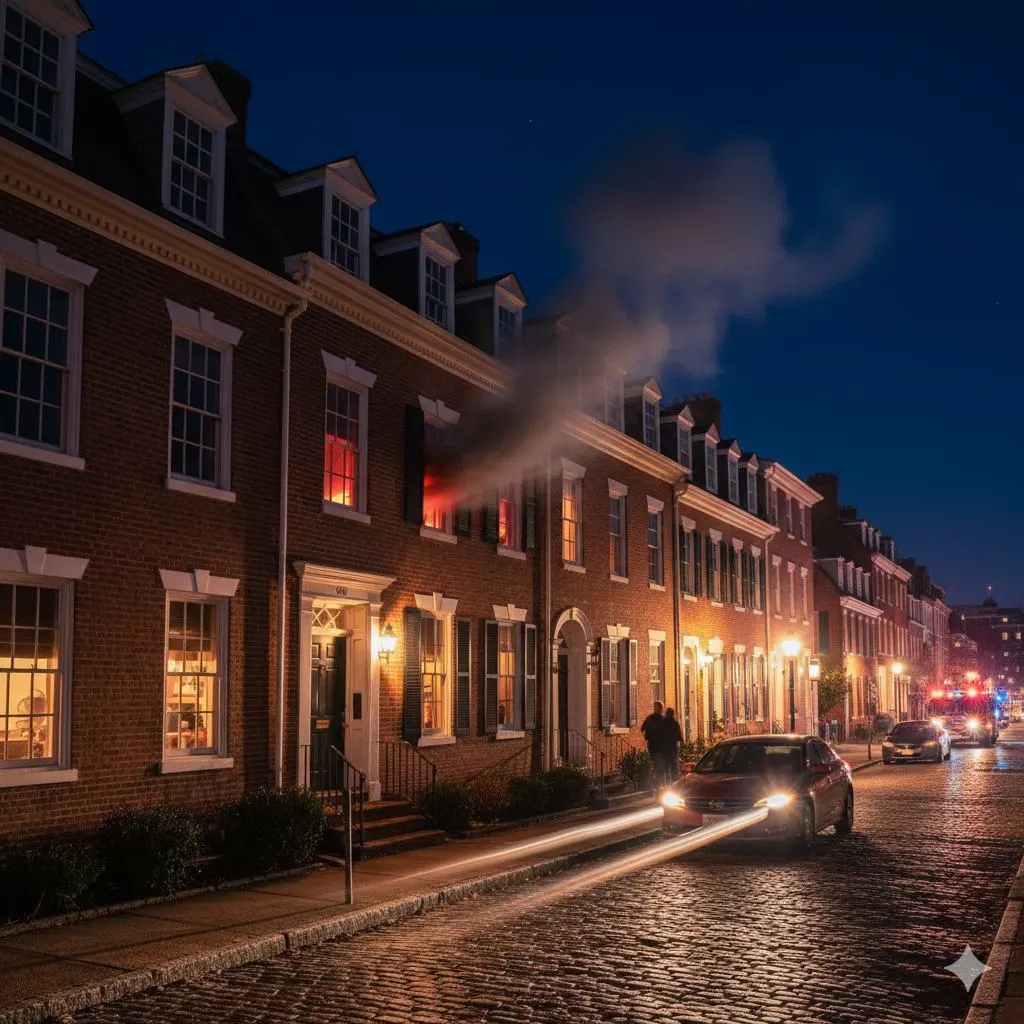 Clogged Dryer Vent Fire Hazards in Alexandria VA showing residential fire smoke coming from a townhouse at night due to a clogged dryer vent