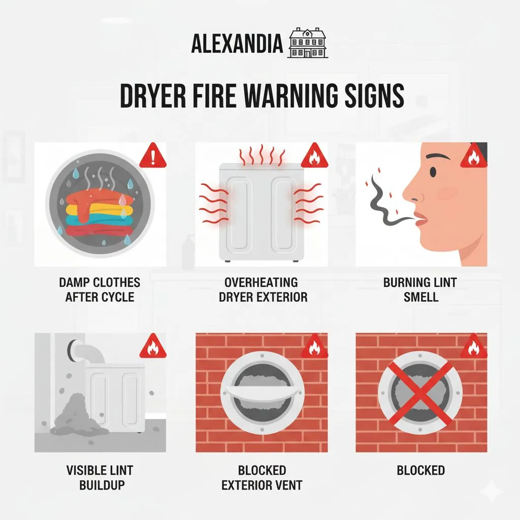Signs of Dryer Vent Fire Hazard in Alexandria showing common dryer fire warning indicators like damp clothes, overheating dryer, and lint buildup