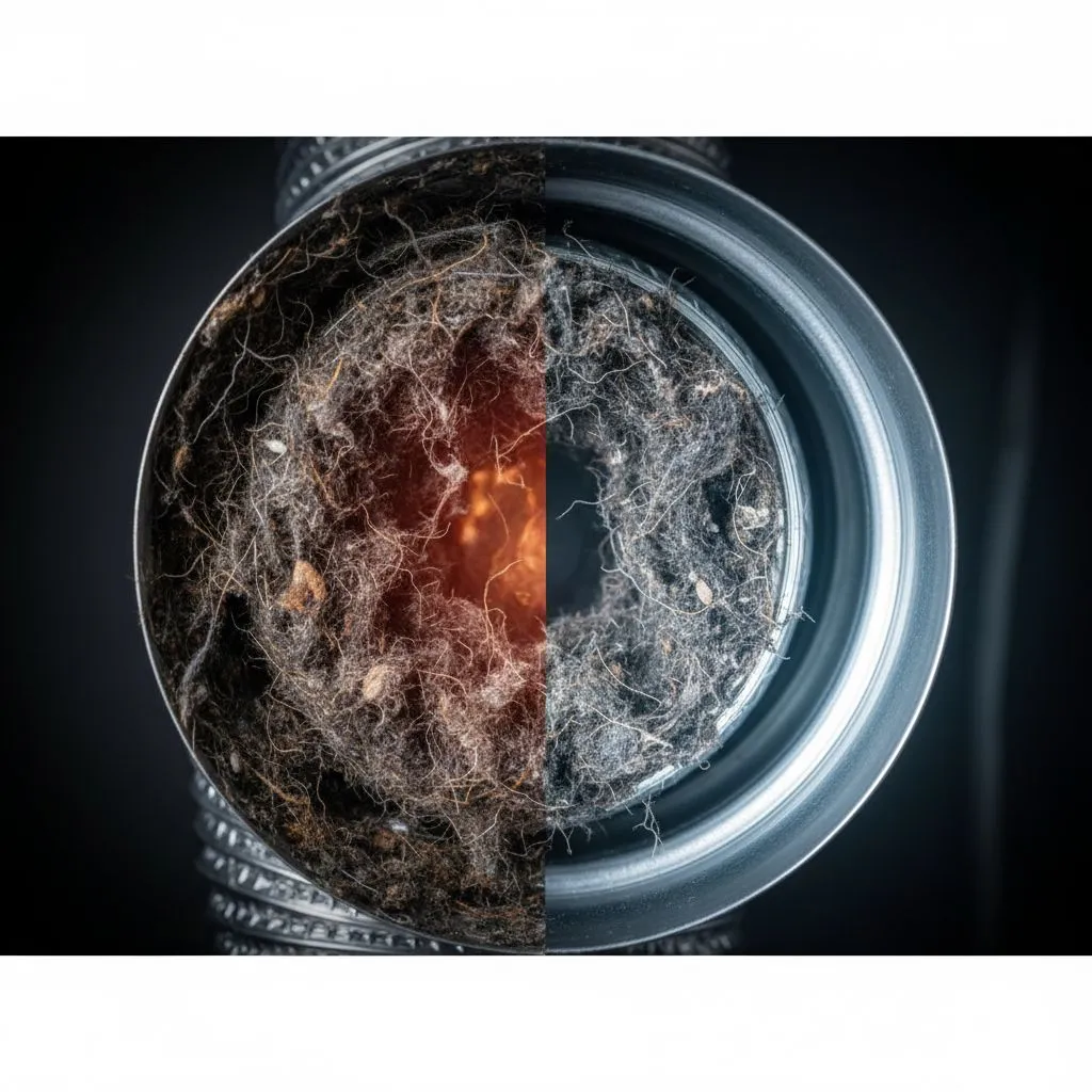 Dryer Vent Fire Prevention Tips in Alexandria showing half-clean and half-clogged dryer vent with lint buildup and fire risk