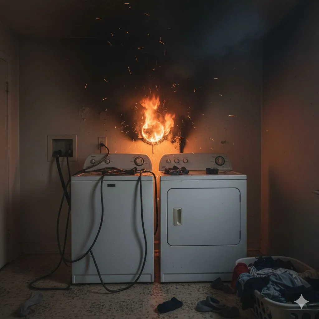 hidden dryer vent fire hazard in Alexandria showing active dryer fire caused by lint buildup and overheating behind the wall