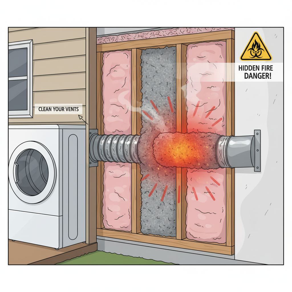 Dryer Vent Fire Hazard Warnings in Alexandria showing lint buildup inside wall vent creating hidden fire danger