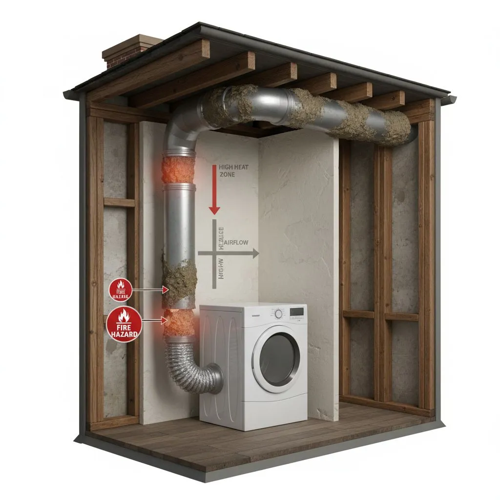 Clogged Dryer Vent Fire Hazards in Alexandria VA visual showing lint buildup and high heat causing potential home fire risks