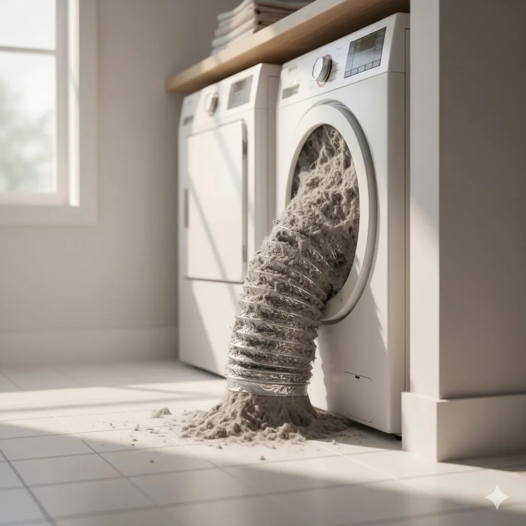 Clogged Dryer Vent Fire Risk in Alexandria VA showing dryer vent overflowing with lint buildup posing fire danger