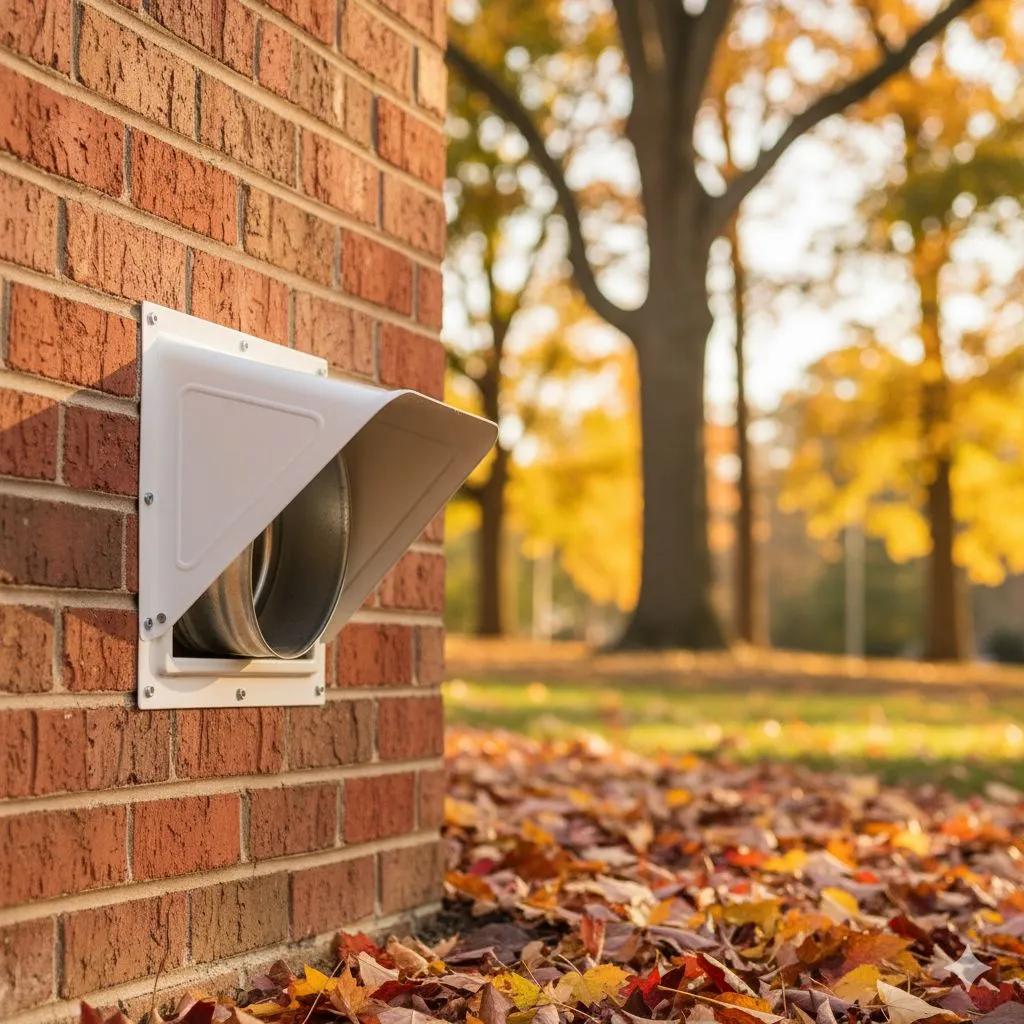 Dryer Vent Fire Prevention Tips in Alexandria showing clean exterior dryer vent on brick wall during autumn season