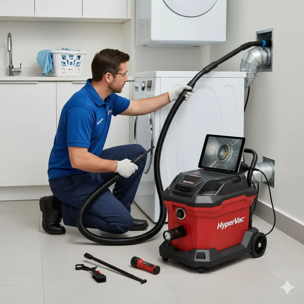 Hidden Dryer Vent Fire Hazard in Alexandria being inspected and cleaned by professional technician using HyperVac system