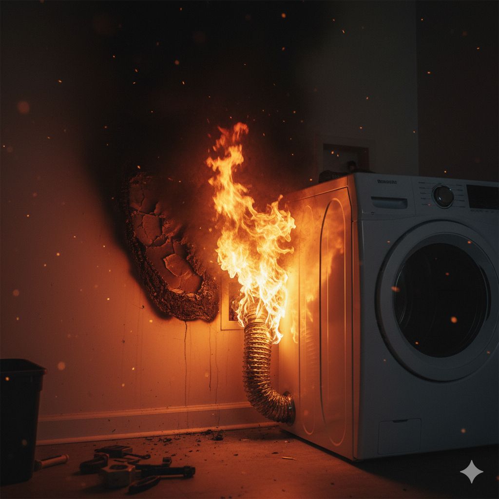 Dryer Vent Fire Hazard Warnings in Alexandria showing a dryer fire caused by lint buildup and overheating vent pipe