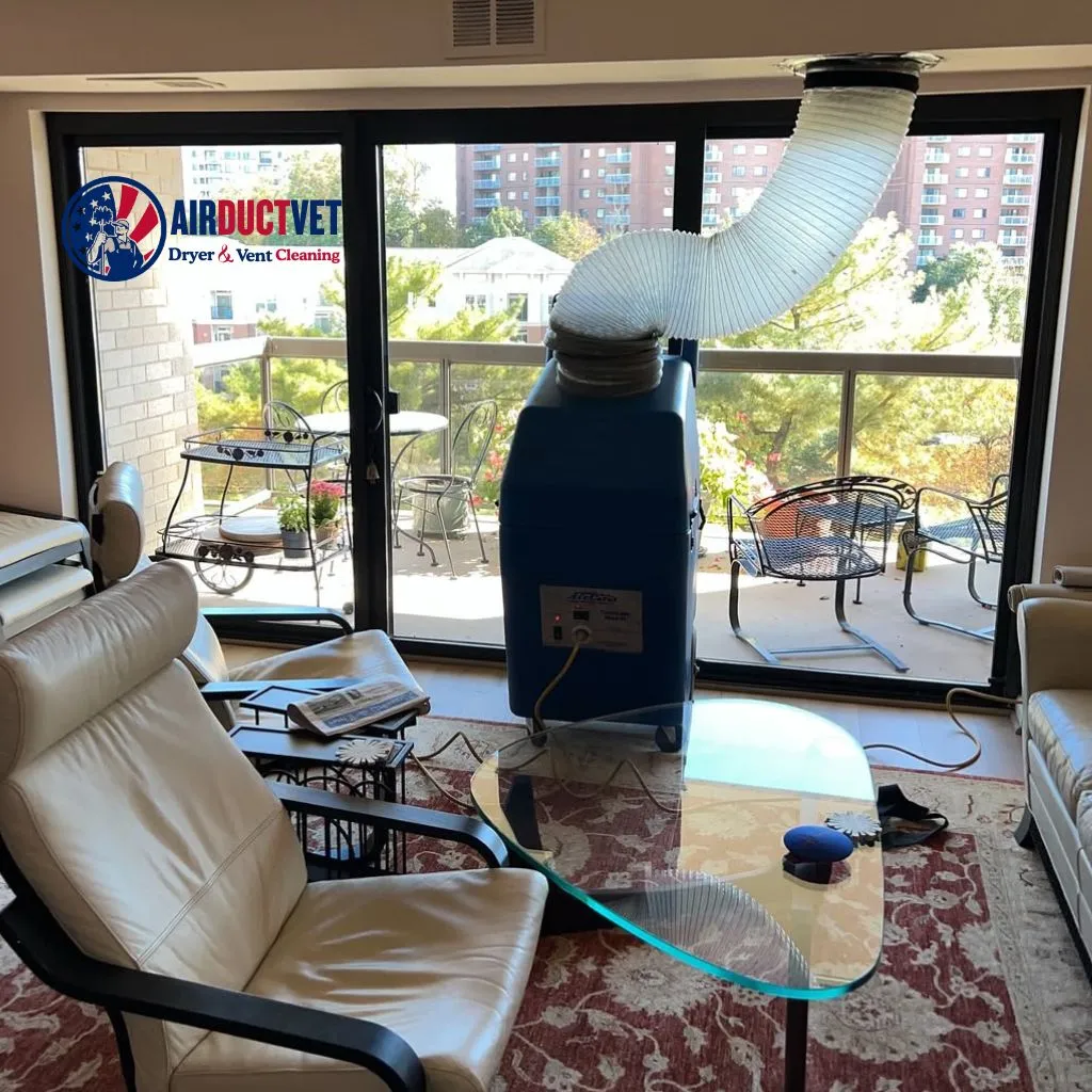 SBA Certification Air Duct Vet performing professional air duct cleaning in residential apartment using HyperVac system