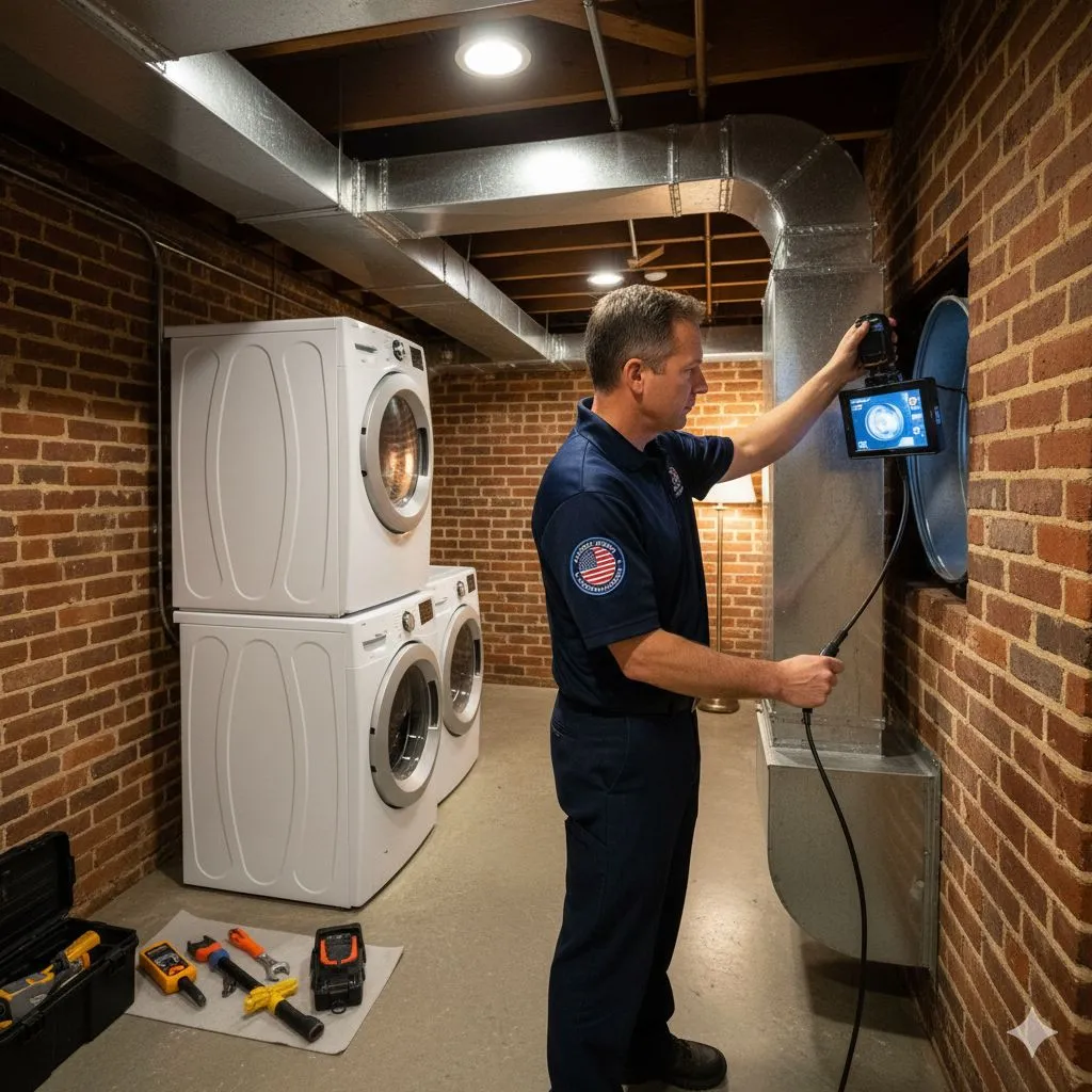 Dryer Vent Fire Inspection in Alexandria showing professional technician using inspection camera to check dryer vent system for fire hazards