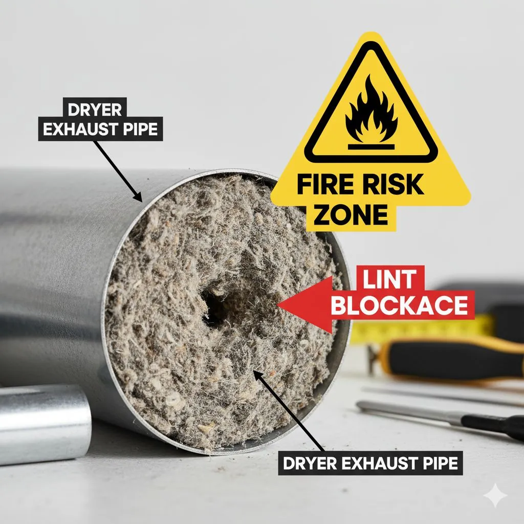 overnight dryer fire hazard in Alexandria showing lint blockage inside dryer exhaust pipe marked as fire risk zone