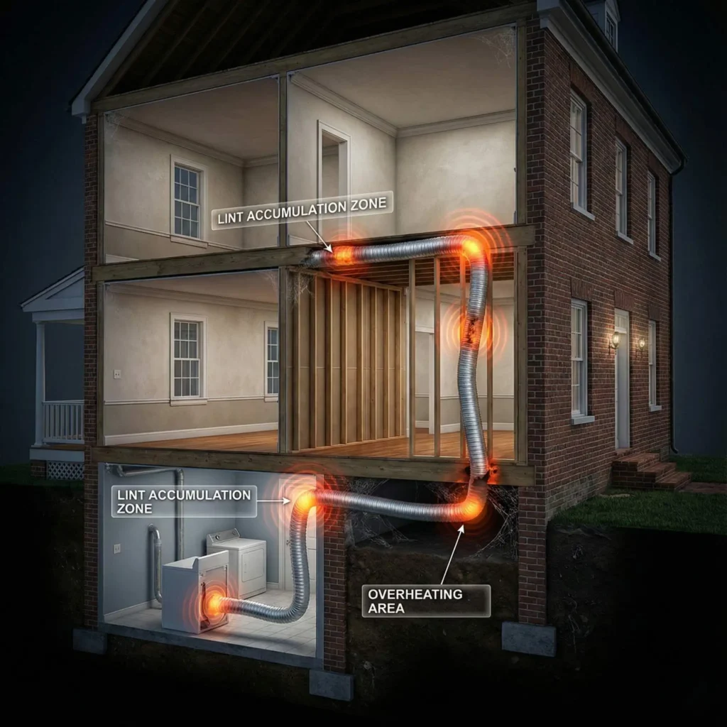 Causes of Dryer Fires in Alexandria VA shown inside a home cutaway with lint accumulation zones, overheating duct bends, long vent pathways, and dryer exhaust blockage risks highlighted