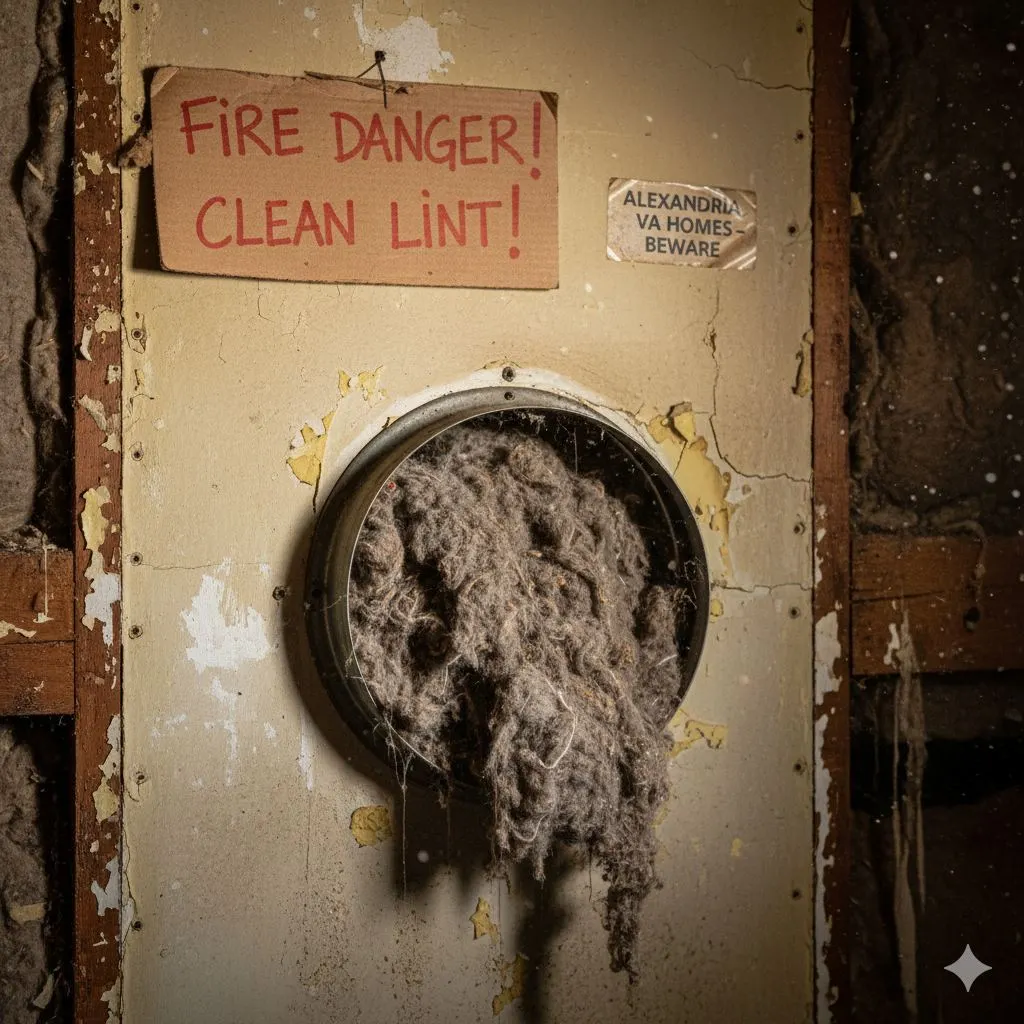 dryer lint fire hazard in Alexandria showing clogged vent packed with lint and warning sign to clean lint buildup