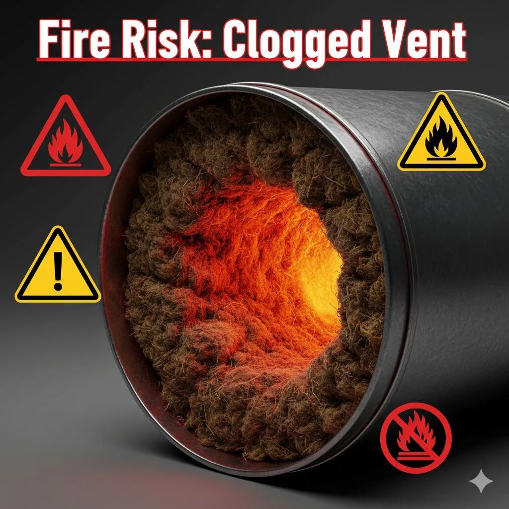 Dryer Vent Fire Inspection in Alexandria showing clogged vent with heat buildup and fire warning symbols