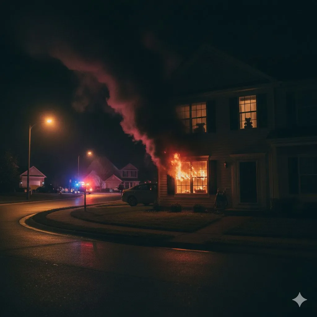 Overnight Dryer Fire Hazard in Alexandria showing residential home fire at night caused by overheated dryer vent